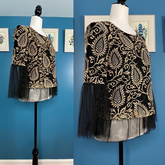 🆕 NWT DREW Women’s Black/Gold Embroidered Mesh Top Tulle Blouse A-Line XS - Picture 6 of 11